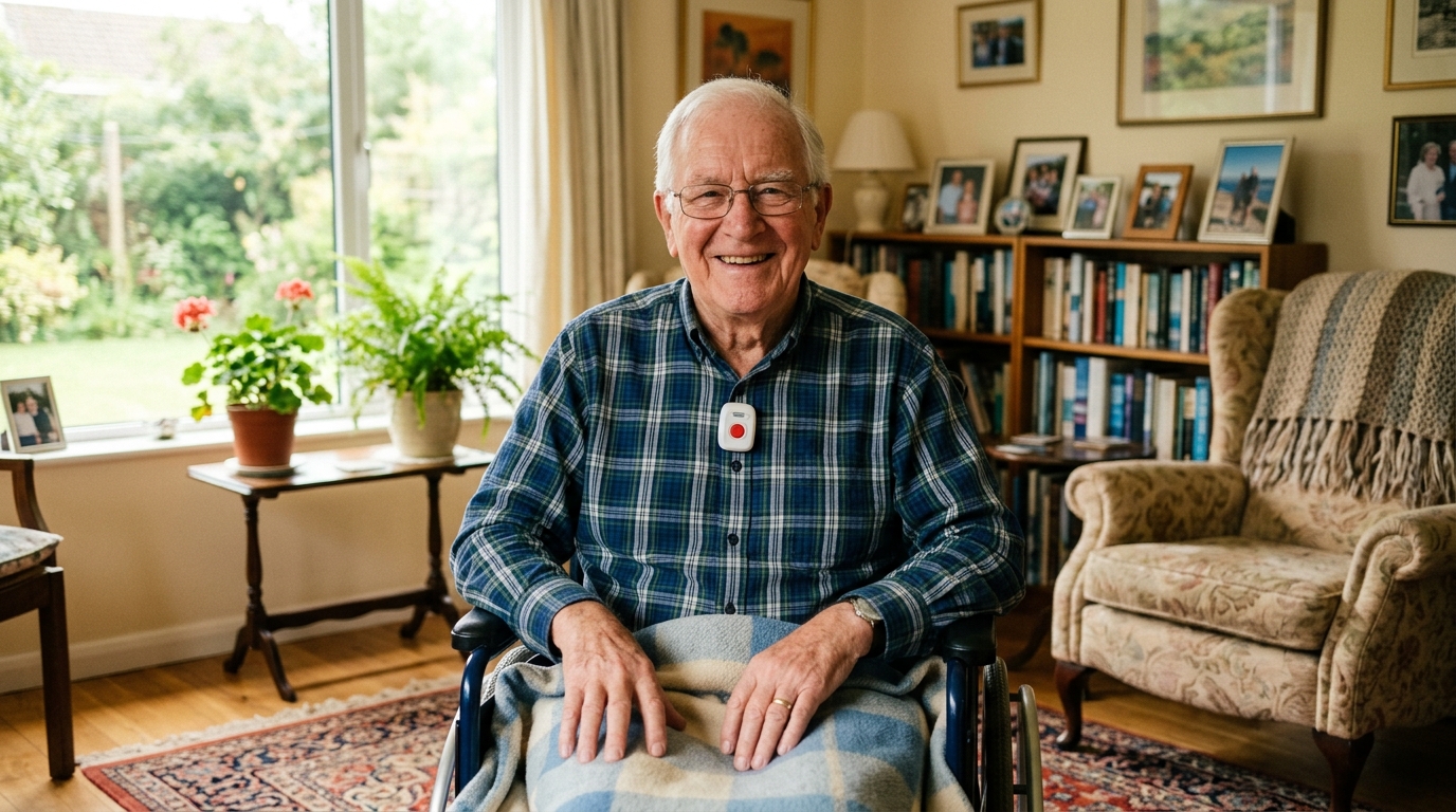 Happy senior confident with medical alert protection