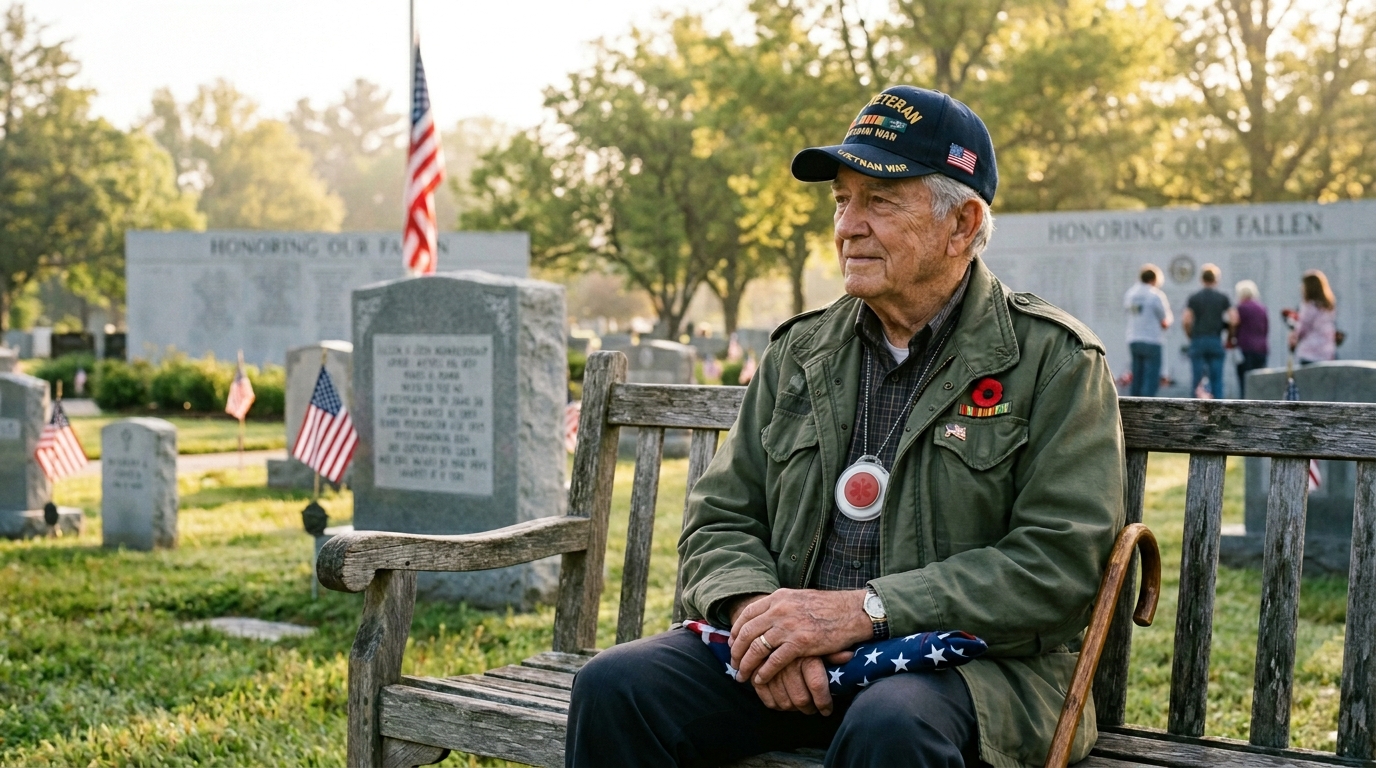 Elderly veteran sitting proudly at home with a medical alert device for safety